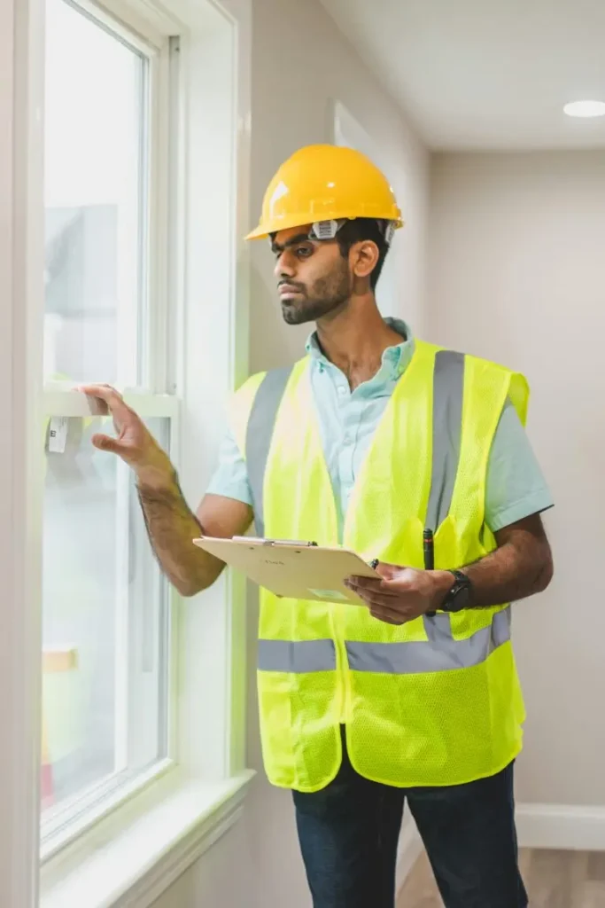A man wearing a hard hat and safety vest holds a clipboard, standing in a construction environment.