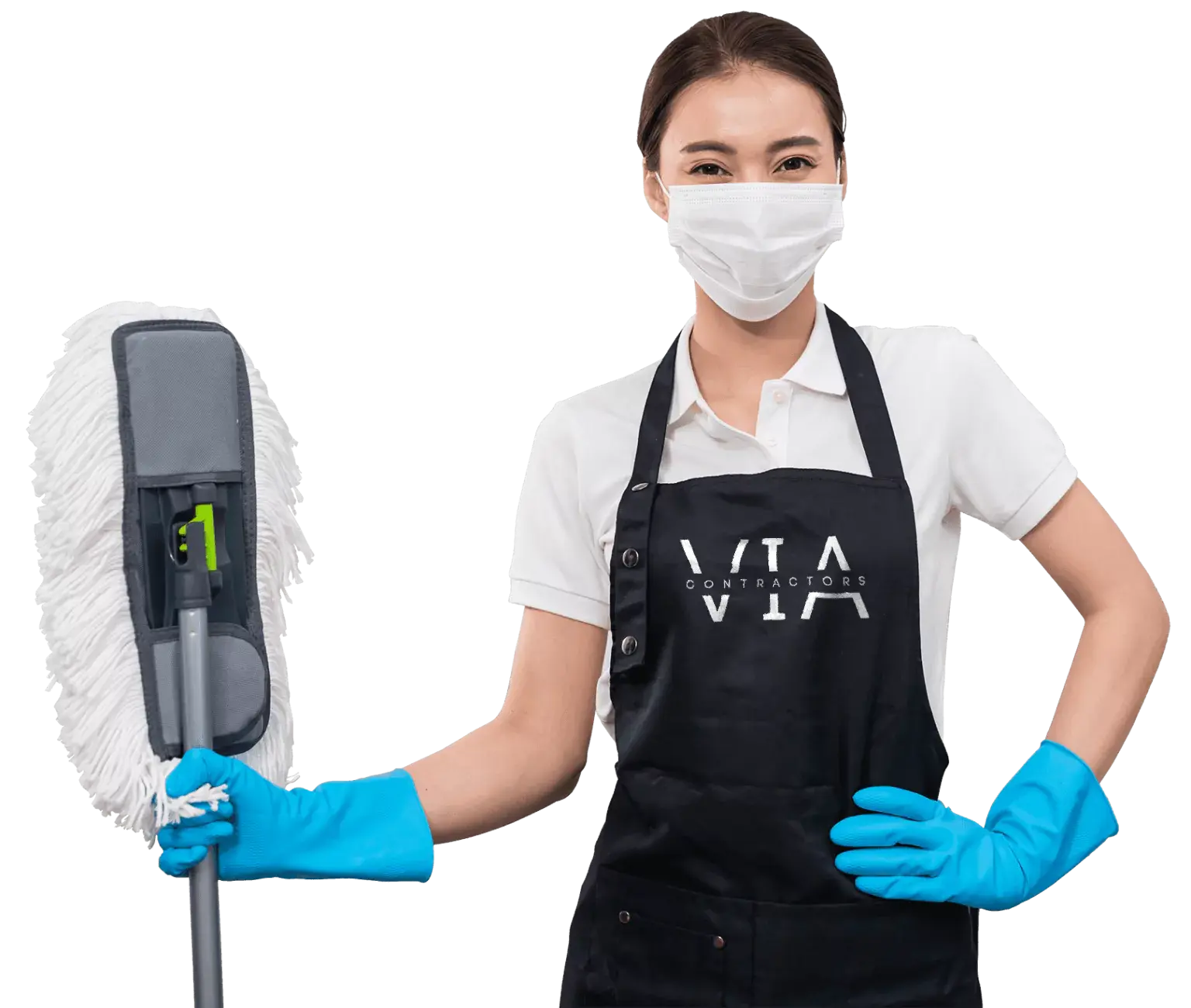 About Smiling female cleaner wearing a face mask, blue gloves, and a VIA Contractors apron, holding a mop.